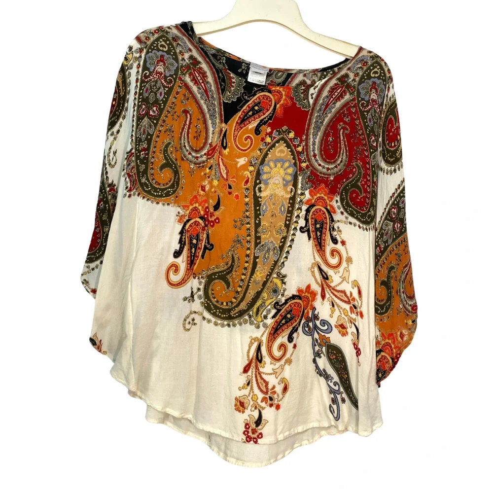 Chico's Sz XS/S Poncho Short Sleeve Boho Paisley Scarf Print Lightweight Rayon